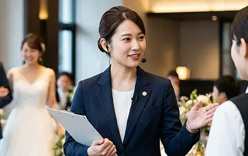 明るいチャペルで、白いレースのウェディングドレスとベールの花嫁とタキシードの新郎が腕を組んでバージンロードを歩いている。手前左では紺のスーツのスタッフが花嫁のトレーンを持ち上げて補助している。背景にステンドグラスと花飾り。
