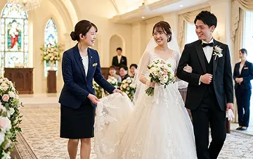 披露宴会場で、黒いスーツの女性スタッフがクリップボードを持ち、片手を広げて来客を案内するようなジェスチャーをしながら笑顔で話している様子。背景には白いテーブルクロスと花のセンターピース、緑の装飾のアーチ。