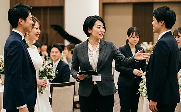ホテルや宴会場のロビーで、グレーのジャケットの女性プランナーがタブレットを持ち、白いドレスの花嫁と紺のスーツの新郎、もう一人の紺スーツの男性の三者と打ち合わせしている様子。奥にはグランドピアノや列席者がぼんやり見える。