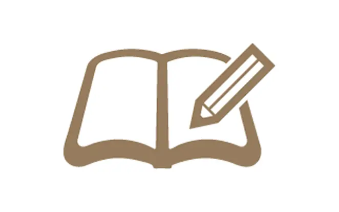 開いたノートに鉛筆が斜めに置かれた、メモや文書作成を表す茶色のアイコン。