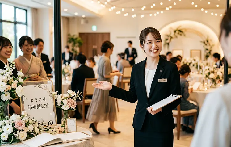 電飾の明るい披露宴会場で、スーツ姿の女性スタッフが笑顔でゲストを案内している様子。奥には円卓と花のアーチが見える