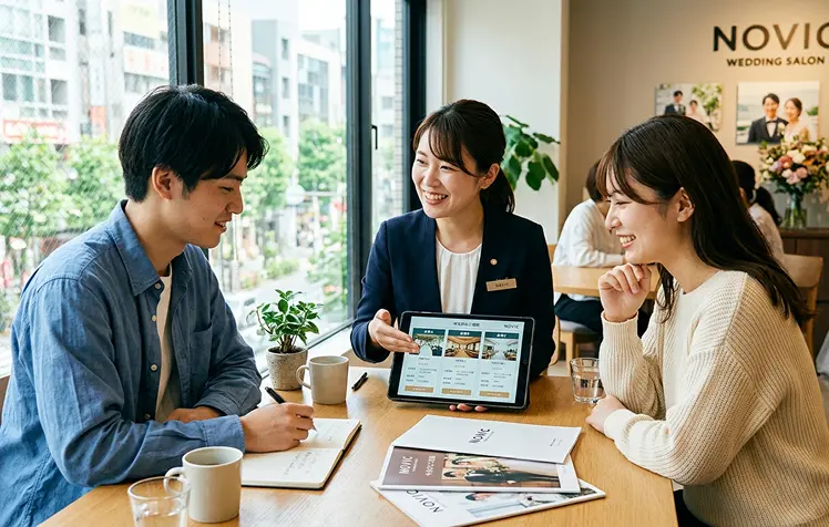 「NOVIC WEDDING SALON」のロゴが掲げられた明るい店内で、紺のスーツの女性スタッフがタブレットで会場案内をし、若いカップルがノートにメモを取りながら相談を受けている様子。テーブルにはコーヒー、水、NOVICのパンフレットが並ぶ。窓の外には街路樹と建物が見える。