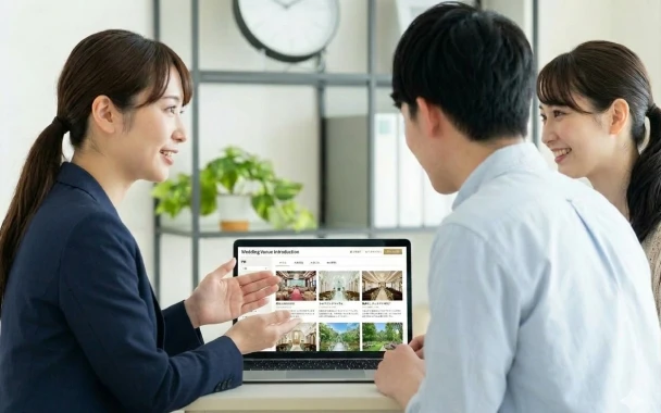 タブレットで式場プランを説明するスタッフ