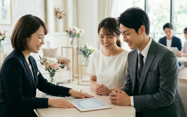 プランナーと打ち合わせをするカップル