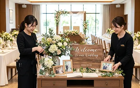 披露宴会場のウェルカムテーブルで、黒い制服の女性スタッフ二人が白と淡いピンクの花飾りをハサミで整え、額装の写真やゲストブックを並べている様子。木のボードに「Welcome to our Wedding」と日付「2024.10.12」、奥には白いテーブルと花のアーチと窓が見える。