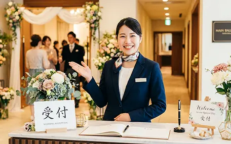 大理石調の受付カウンターに立つ、紺のスーツと柄のスカーフの女性スタッフが、笑顔で奥を指さして来客を案内している様子。カウンターには「受付」「WEDDING RECEPTION」の看板、ゲストブック、白とダスティピンクの花、ウェルカムカードのイーゼル。背景には正装のゲストと「MAIN BALLROOM」の表示。
