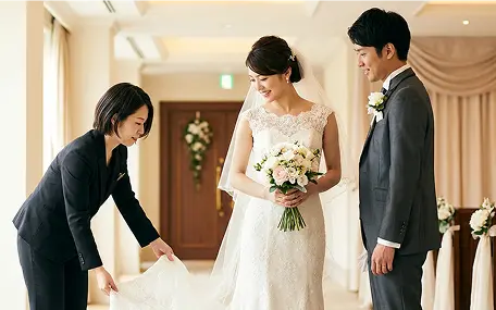明るいホテルや式場の廊下で、ノースリーブの白いレースドレスにベールの花嫁とグレーのスリーピースの新郎のそばで、紺のスーツのスタッフが花嫁のトレーンやベールを両手で整えている様子。奥の扉には花飾り、右には式場らしい白い布と花の装飾が見える。