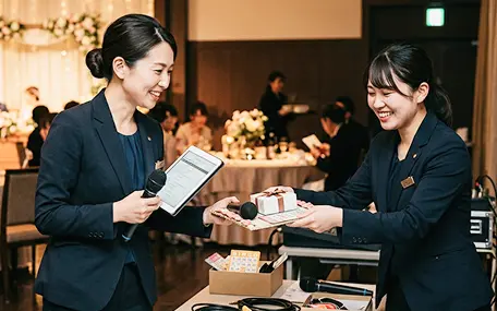 暖色の照明の披露宴会場で、紺のスーツの女性スタッフ二人が微笑み合いながら、片方がマイクとタブレットを持ち、もう片方が白いラッピングの小箱と黒いマイクを載せたトレーを差し出している様子。手前の机にはビンゴカードの入った木箱やケーブルが置かれ、奥には列席者と花のアーチがぼんやり見える。