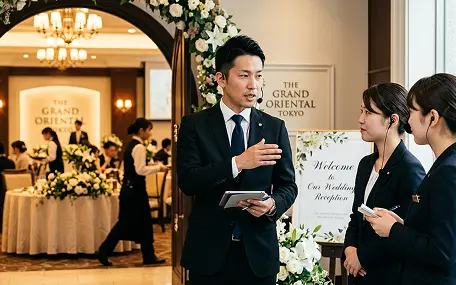 「THE GRAND ORIENTAL TOKYO」の看板のある披露宴会場の入口付近で、イヤホンをつけたスーツの男性スタッフがタブレットを持ち身振りし、同じくスーツの女性スタッフ二人と打ち合わせしている様子。花飾りのアーチと「Welcome to Our Wedding Reception」のウェルカムボードの横。奥の会場にはシャンデリアと白い花のセンターピースが見える。