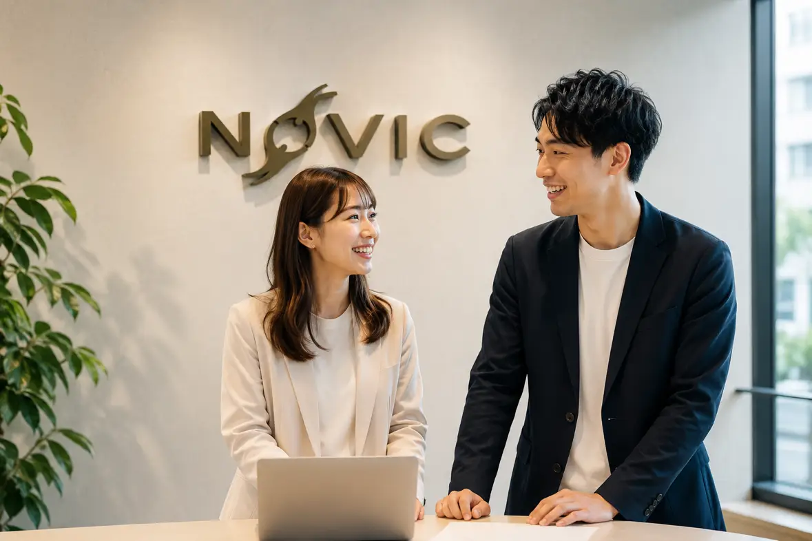 女性社員と男性社員が並んでいる様子