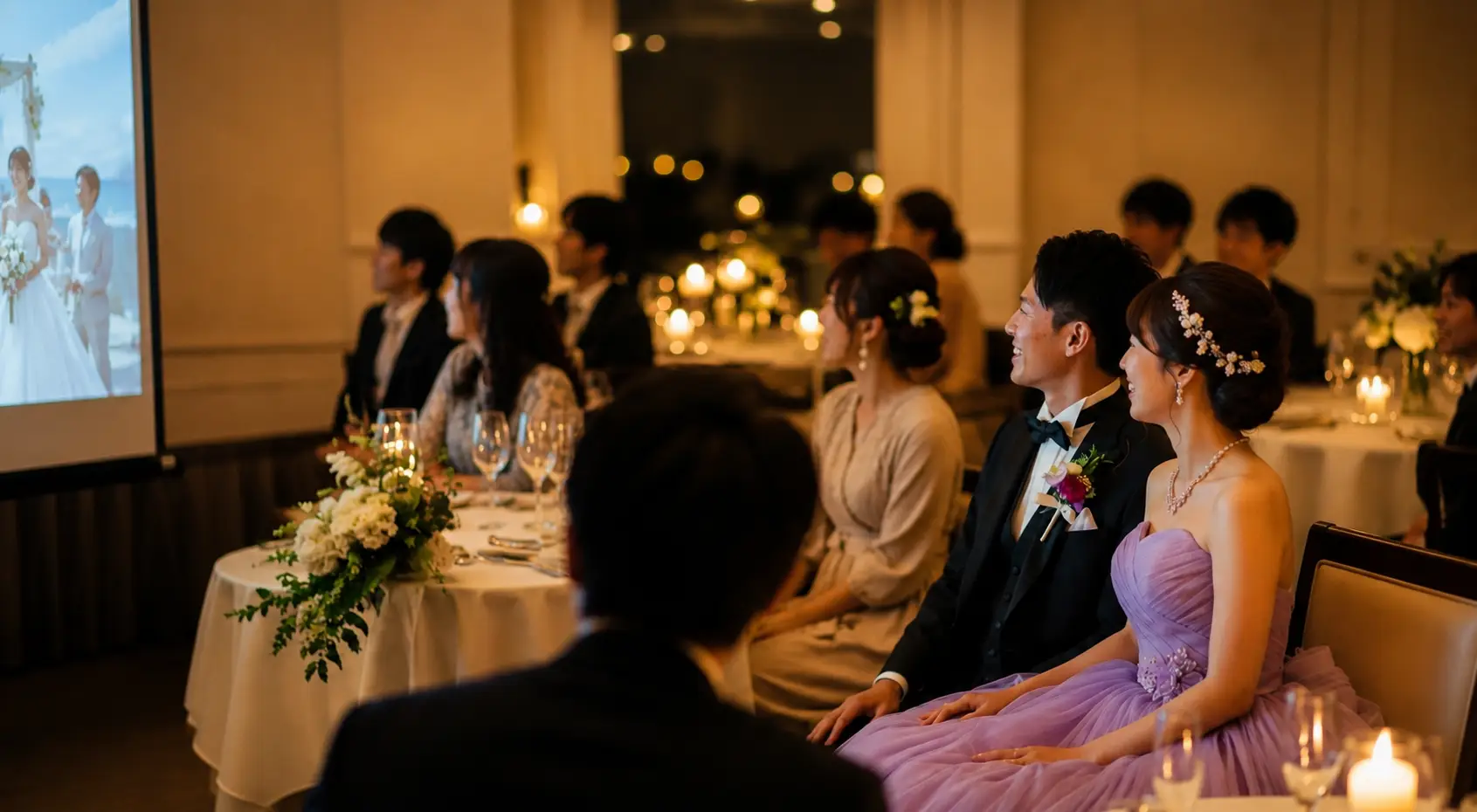 青い海を背景に、レースのウェディングドレスの新婦とベージュのスーツの新郎が並んで立ち、微笑んでいる写真