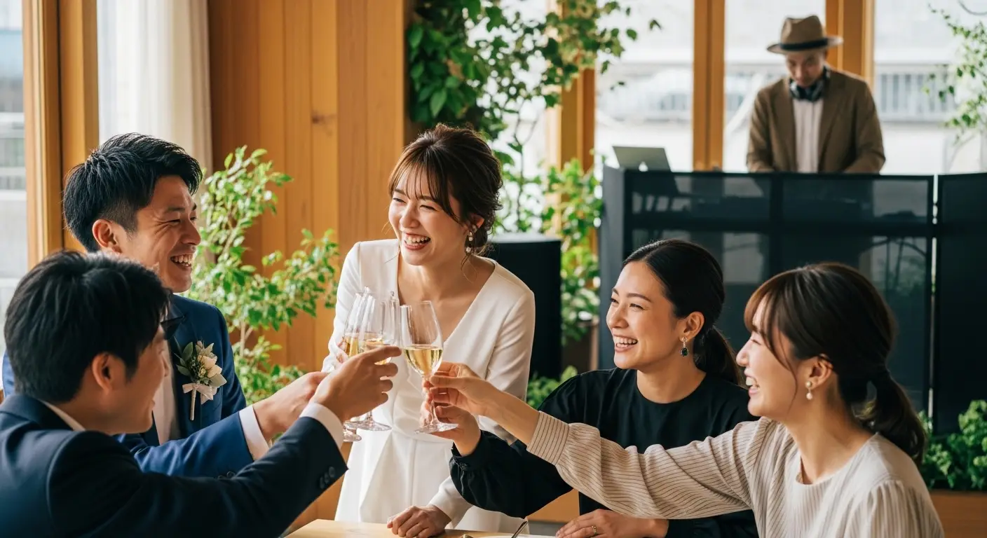 夕暮れのビーチで、花と布で飾られたアーチのそばで新郎新婦がキスをしている写真