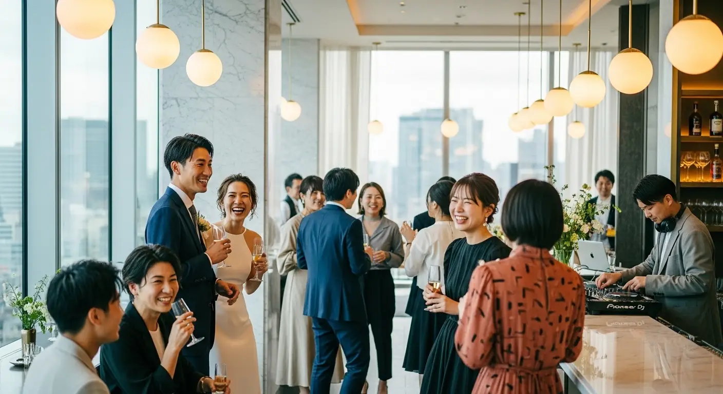 沖縄のビーチで、レースのウェディングドレスとリネンスーツを着た新郎新婦が微笑みながら歩く様子