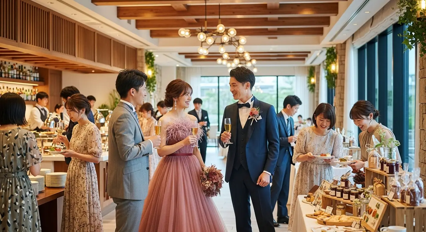 沖縄のビーチで、レースのウェディングドレスとリネンスーツを着た新郎新婦が微笑みながら歩く様子